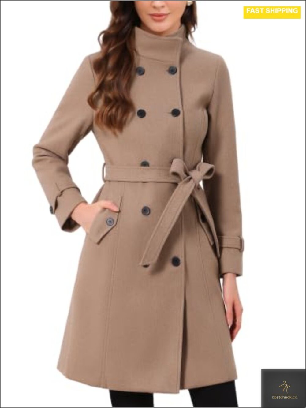 Women's Double-Breasted Peacoat with Belt, Long Sleeve Winter Coat